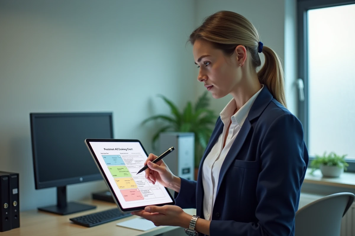 Coordinatrice de soins annotant un tableau de scores ADL sur tablette numérique dans un bureau médical