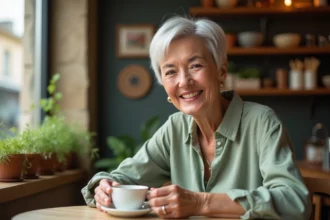 Femme âgée aux cheveux courts en coupe pixie argentée moderne, souriante dans un café parisien