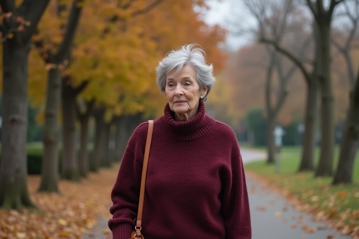 Femme âgée élégante avec une coupe courte naturelle sel et poivre en promenade dans un parc automnal