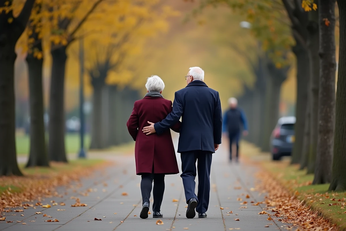 Couple de personnes âgées se promenant dans un parc en automne, l'un d'eux montrant des signes de désorientation liés à la sénilité
