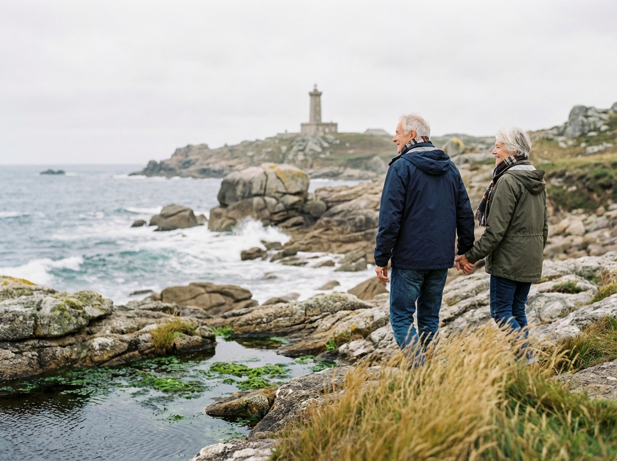 Couple senior en promenade sur la côte rocheuse