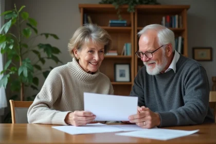 Couple retraité souriant en discutant finances à la maison