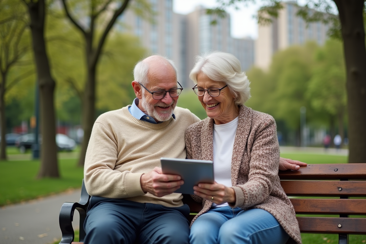 Couple retraité riant sur un banc dans un parc urbain