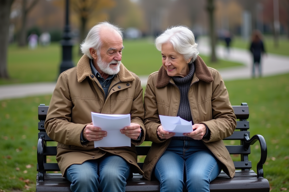 Couple retire discutant documents sur un banc dans un parc
