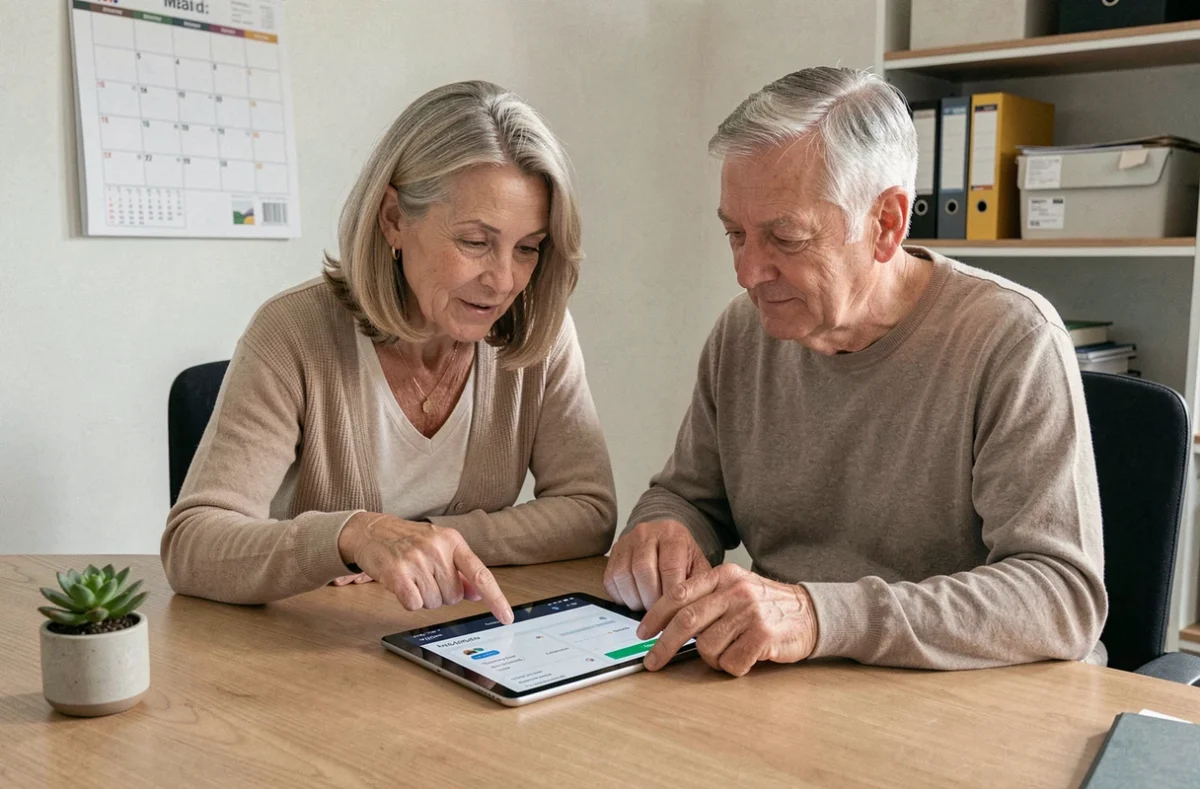 Couple de retraités consultant ensemble le kiosque Orange sur une tablette numérique