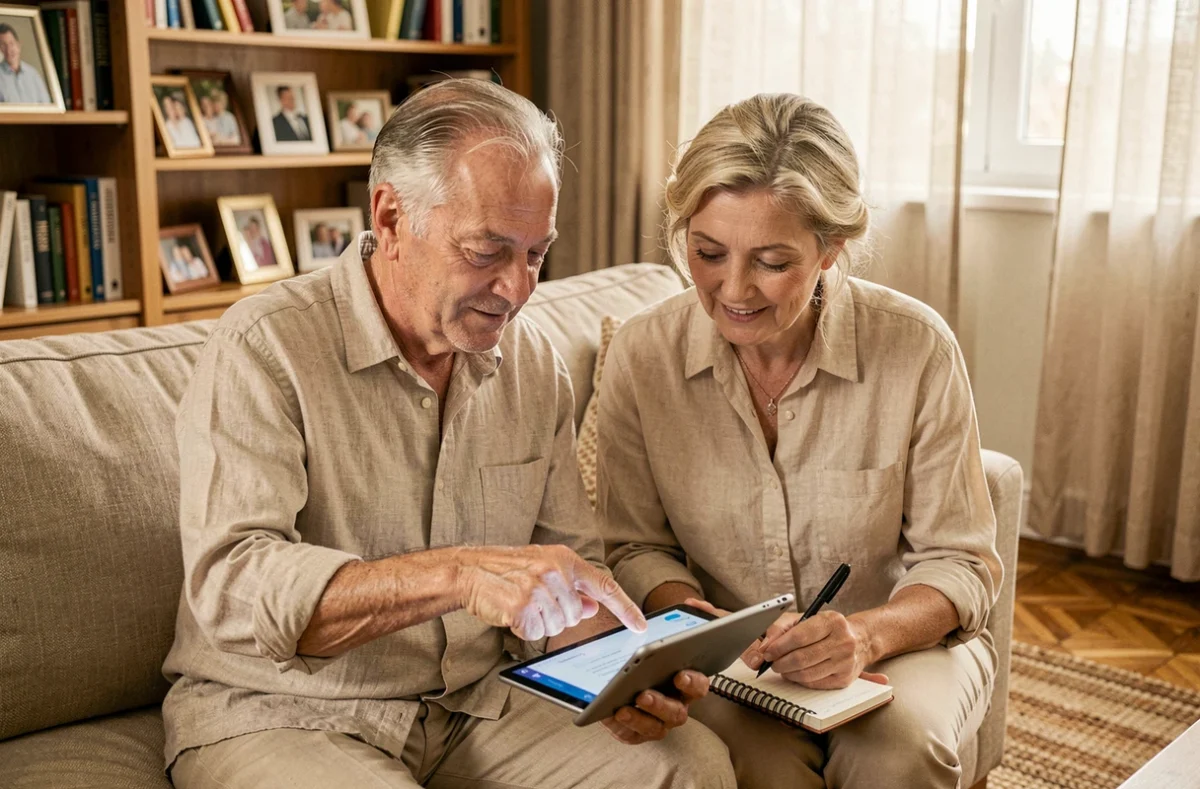 Couple de retraités consultant ensemble un portail de remboursement santé sur tablette dans leur salon