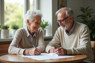 Couple retraités souriants dans leur appartement lumineux