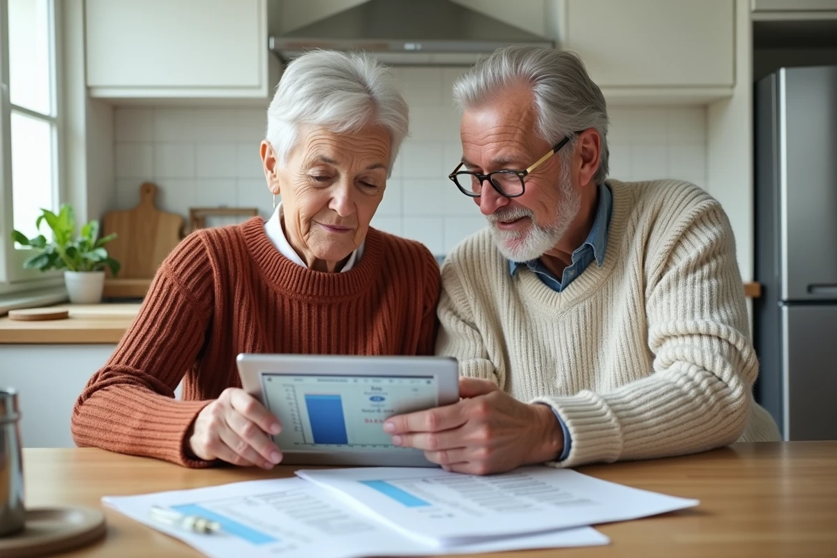 Couple de retraités examinant ensemble une simulation fiscale sur tablette pour ajuster la répartition de leurs revenus en 2026