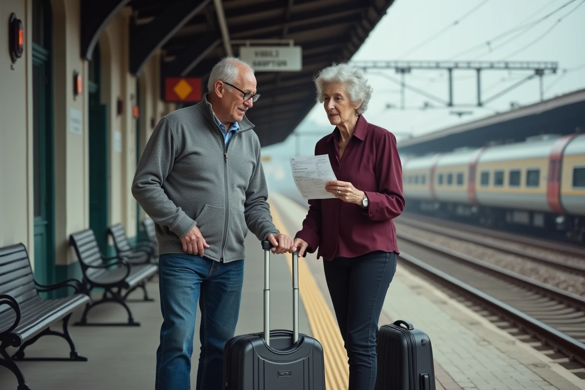 Couple de retraités SNCF utilisant leurs avantages tarifaires en gare