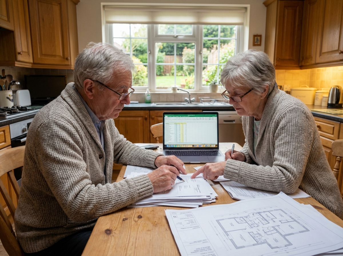 Couple senior examinant des documents financiers dans la cuisine