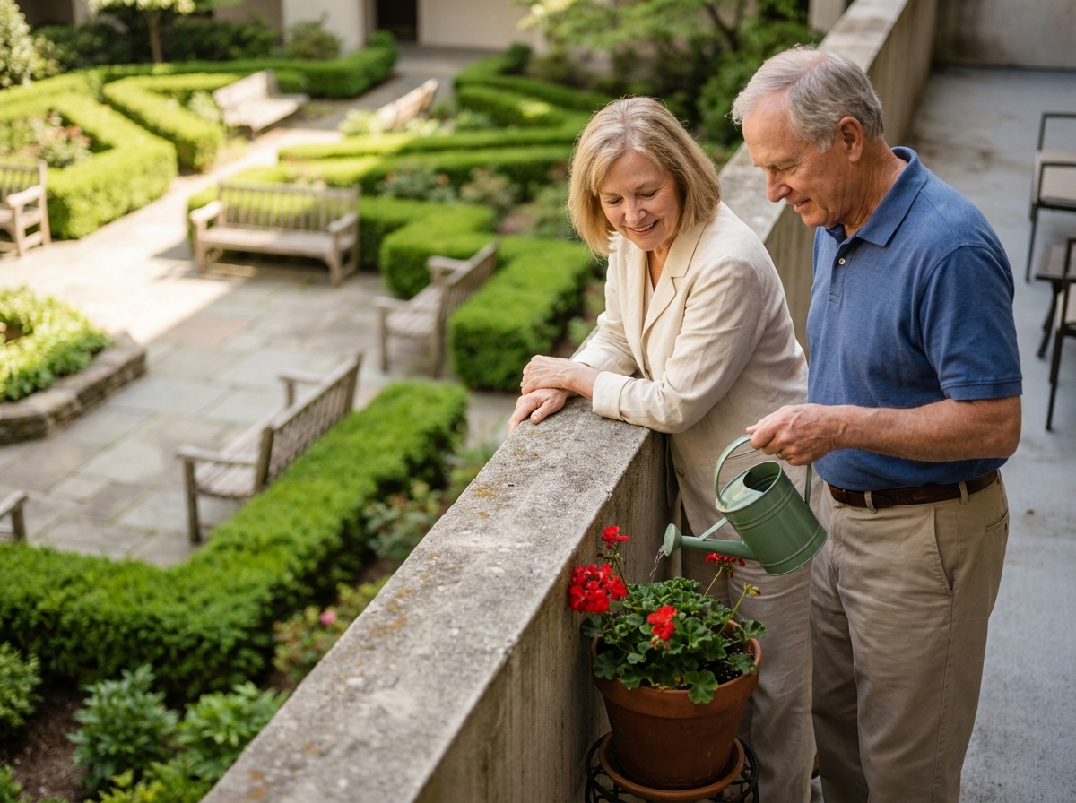 Couple de seniors sur le balcon de leur appartement en résidence senior avec vue sur le jardin