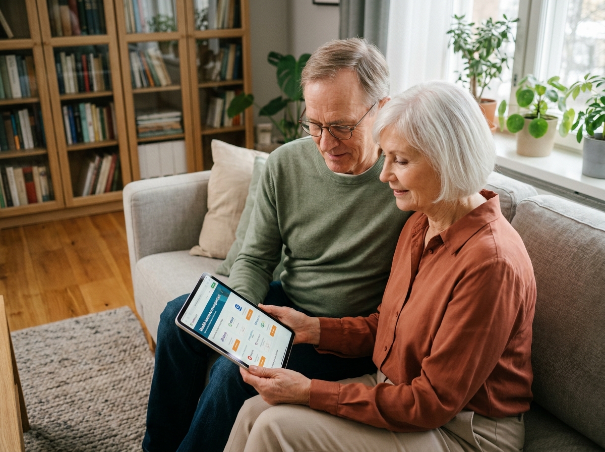 Couple de seniors comparant des offres de complémentaire santé sur une tablette dans leur salon
