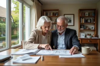 Couple de seniors examinant des documents d'investissement immobilier Domitys autour d'une table en bois dans un appartement lumineux