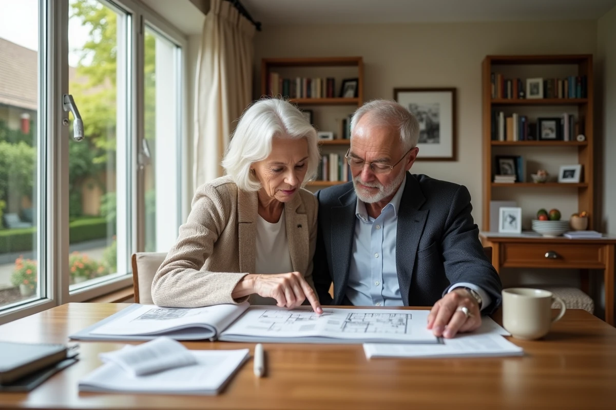 Couple de seniors examinant des documents d'investissement immobilier Domitys autour d'une table en bois dans un appartement lumineux