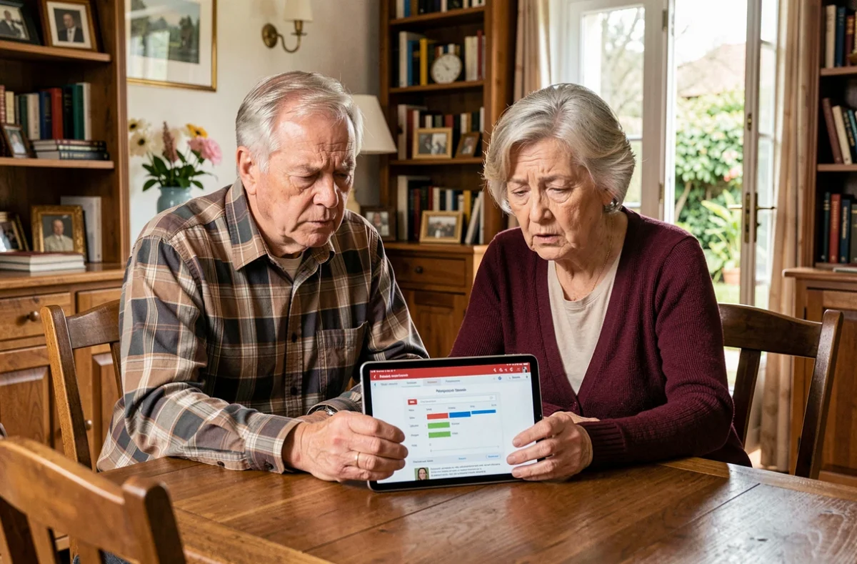 Un couple de futurs retraités consulte un simulateur de retraite Agirc-Arrco sur tablette à la maison