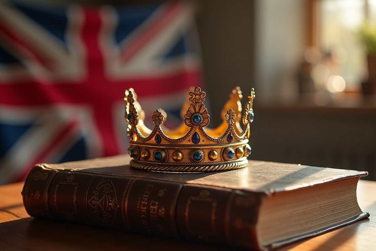 Couronne élégante posée sur un livre ancien avec drapeau britannique