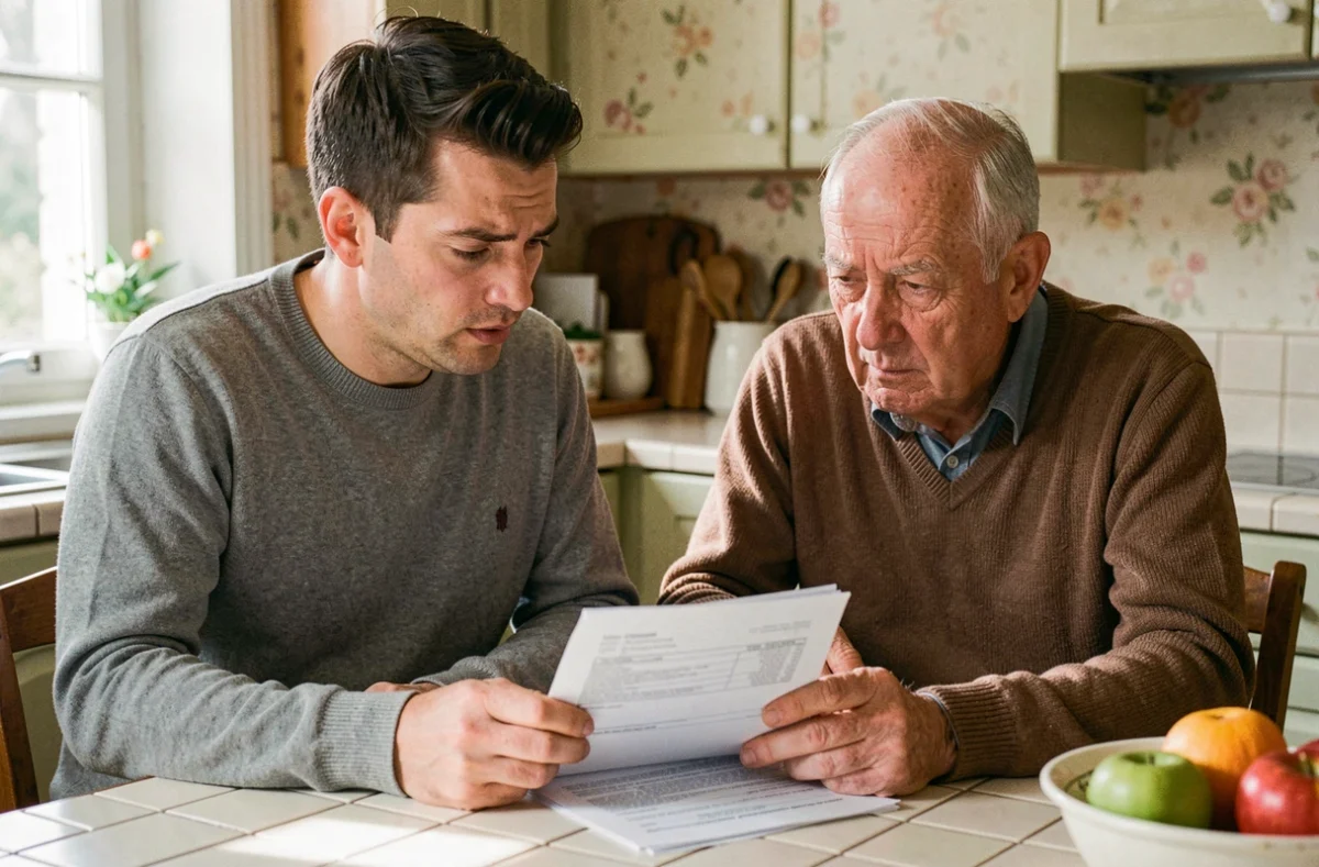 Fils adulte aidant son père âgé à comprendre un formulaire de curatelle aménagée à la maison