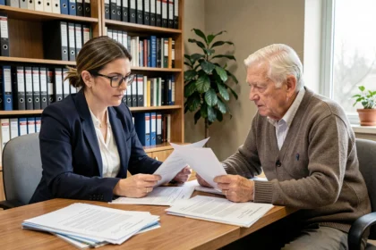 Travailleuse sociale et personne âgée examinant des documents officiels liés à une curatelle dans un bureau administratif