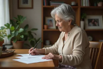 Femme âgée lisant une lettre dans son intérieur cosy