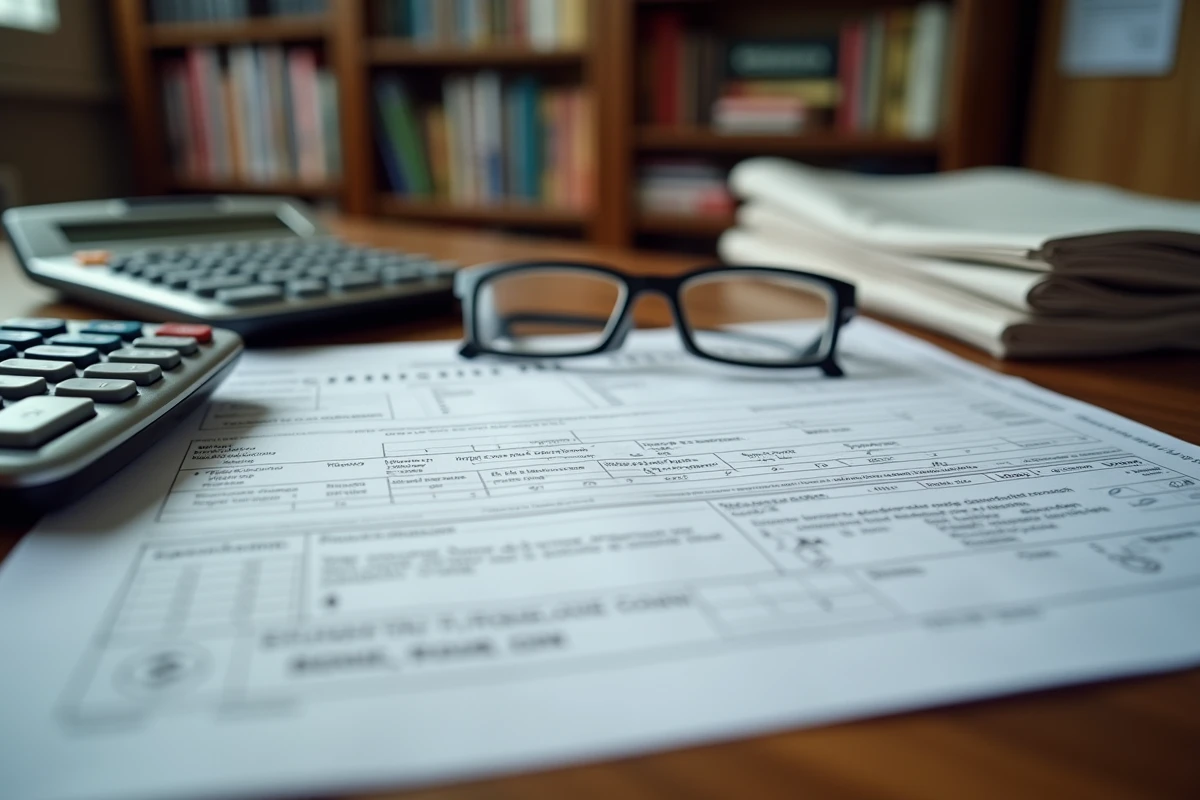 Gros plan sur une déclaration d'impôts française posée sur un bureau avec calculatrice et lunettes, symbolisant les enjeux fiscaux pour les retraités en 2026