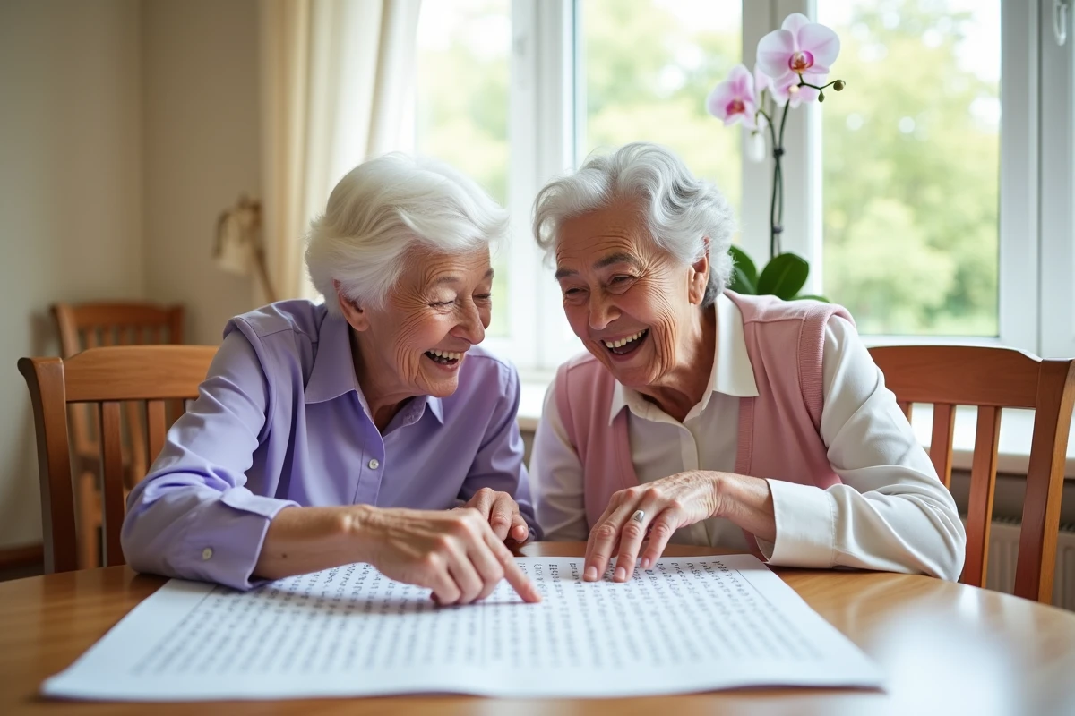 Deux femmes âgées souriantes partageant ensemble une grille de mots mêlés imprimée sur une table dans un espace commun lumineux