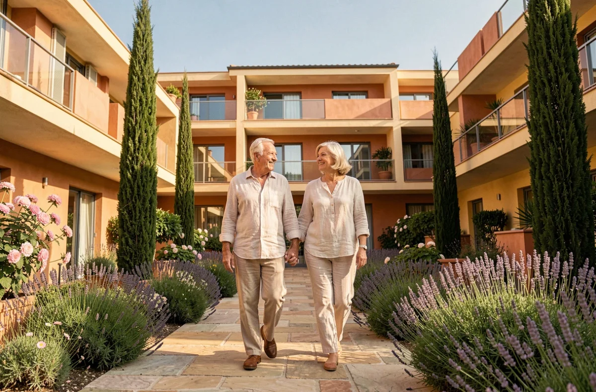 Couple de seniors se promenant dans le jardin paysager de la résidence DOMITYS La Badiane à Marseille