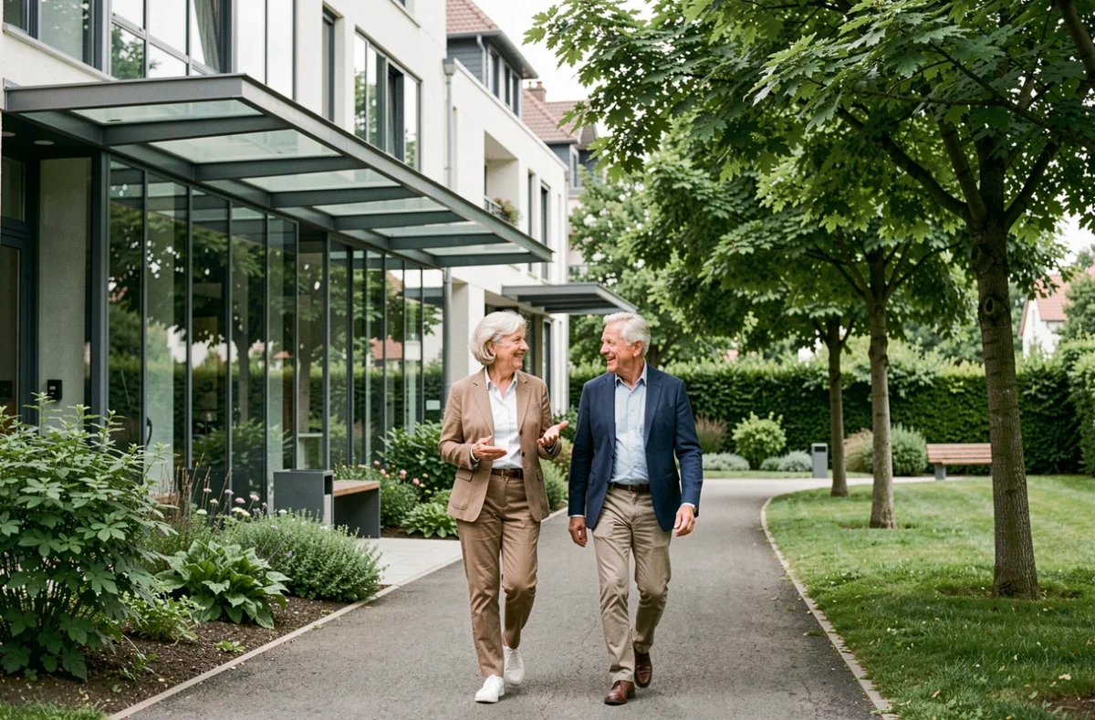 Couple de seniors se promenant dans les allées arborées de la résidence DOMITYS La Canopée à L'Isle-d'Espagnac, avec l'architecture moderne en arrière-plan