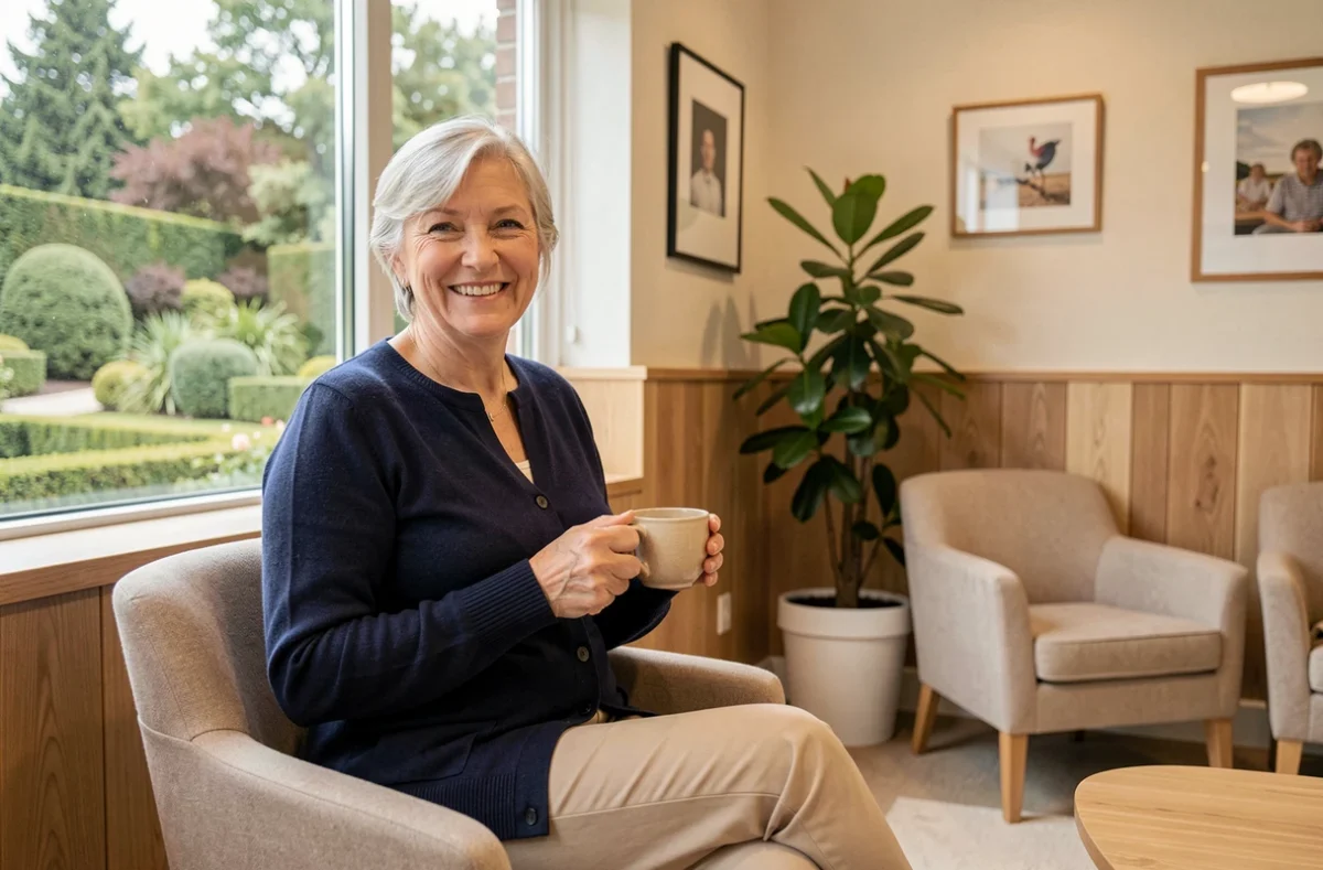 Femme senior souriante dans le salon moderne de la résidence DOMITYS Les Ambres à Cognac, tenant une tasse de thé près d'une grande fenêtre
