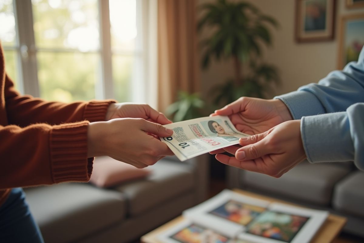 Deux mains echangeant un billet dans un salon chaleureux
