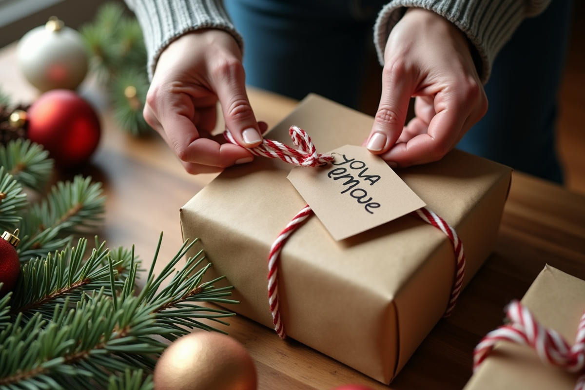 Mains emballant un cadeau de Noël avec étiquette manuscrite