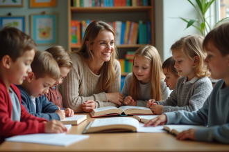 Enfants lisant des livres dans une classe lumineuse