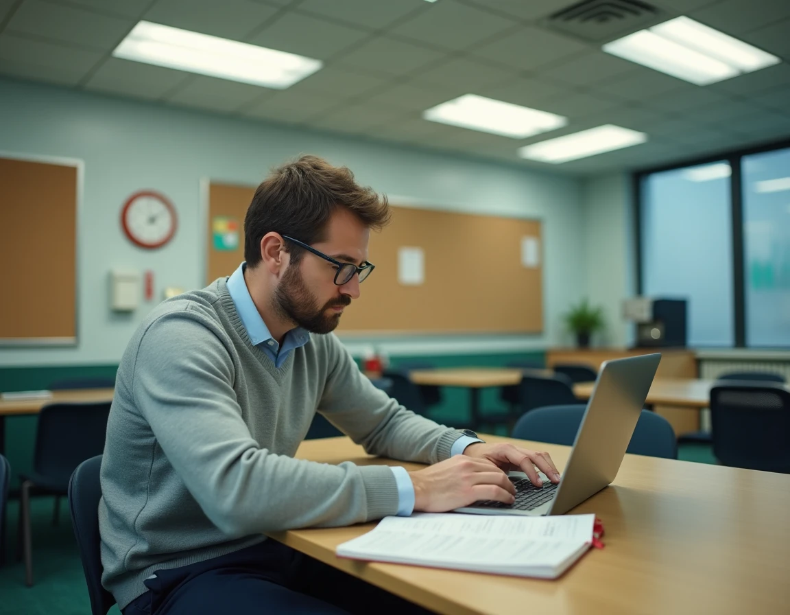 Enseignant du primaire consultant un simulateur de retraite sur ordinateur portable dans la salle des professeurs