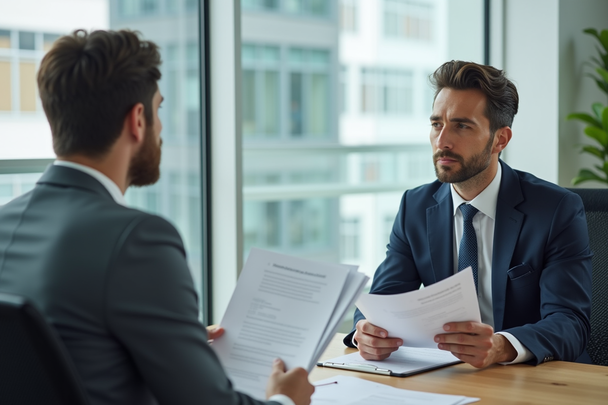 Discussion entre un employe et un responsable RH en bureau