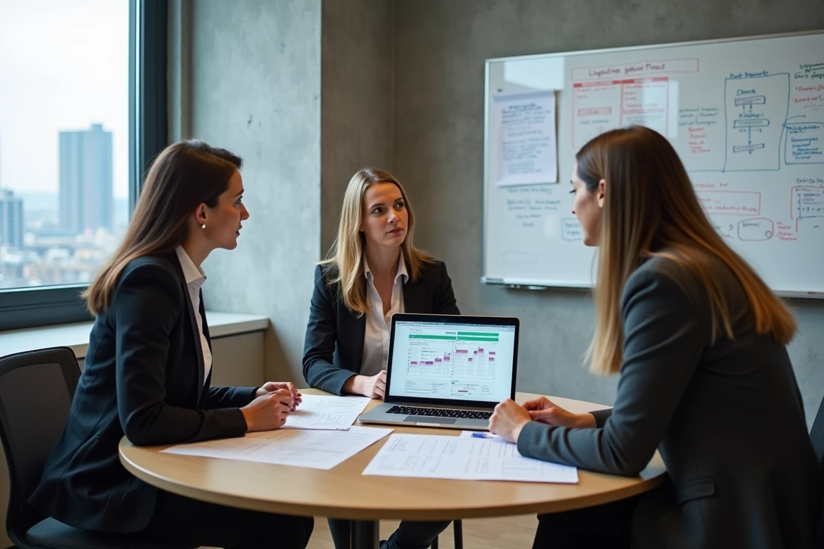 Équipe de professionnels en réunion analysant des rapports d'optimisation logistique et des interfaces Logifil dans une salle de co-working moderne