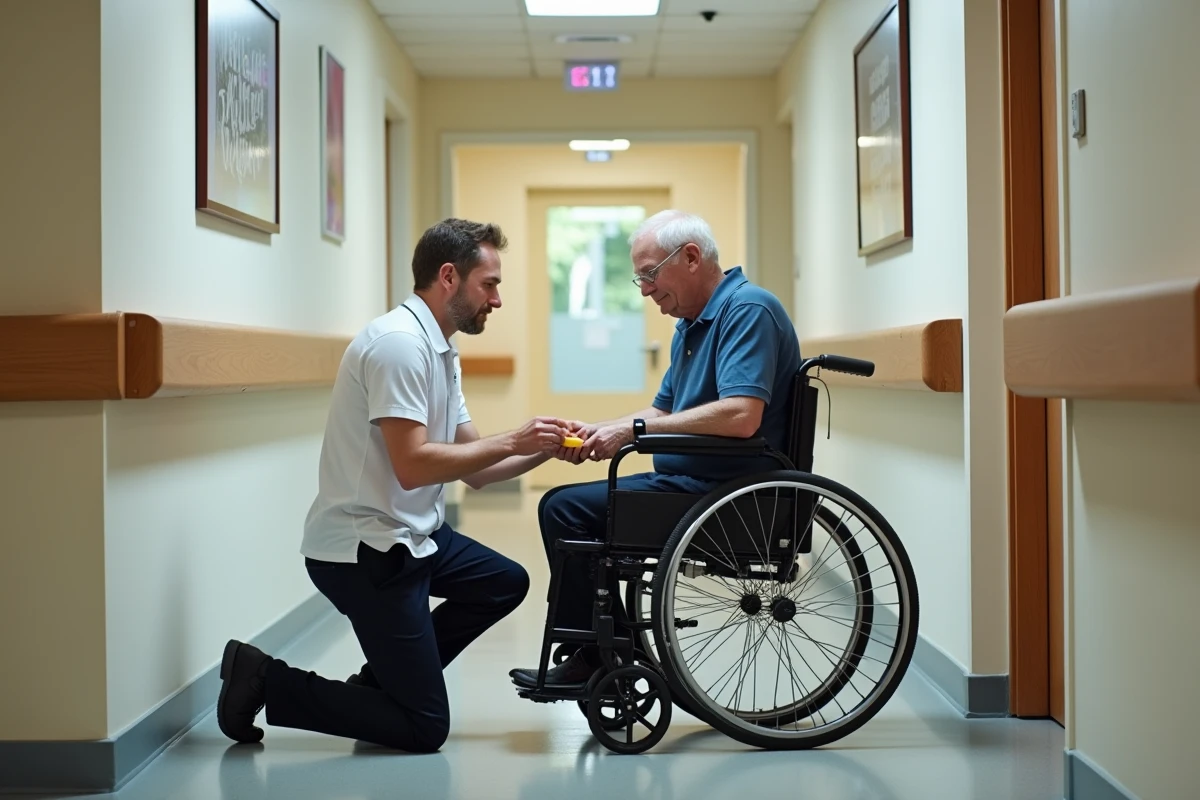 Ergothérapeute réalisant un test fonctionnel ADL avec un patient en fauteuil roulant en centre de rééducation