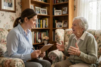 Évaluatrice médico-sociale en visite à domicile discutant avec une personne âgée pour l'évaluation GIR et la grille AGGIR