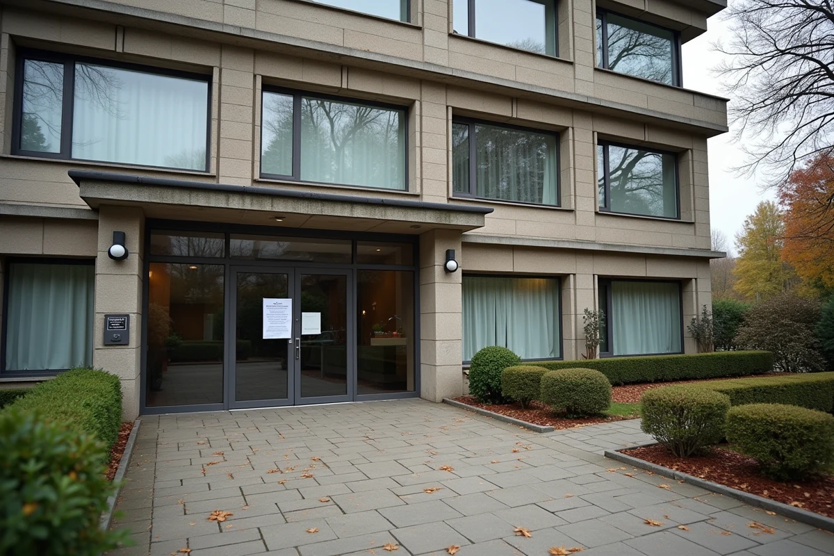 Façade d'un EHPAD avec avis de fermeture administrative affiché à l'entrée