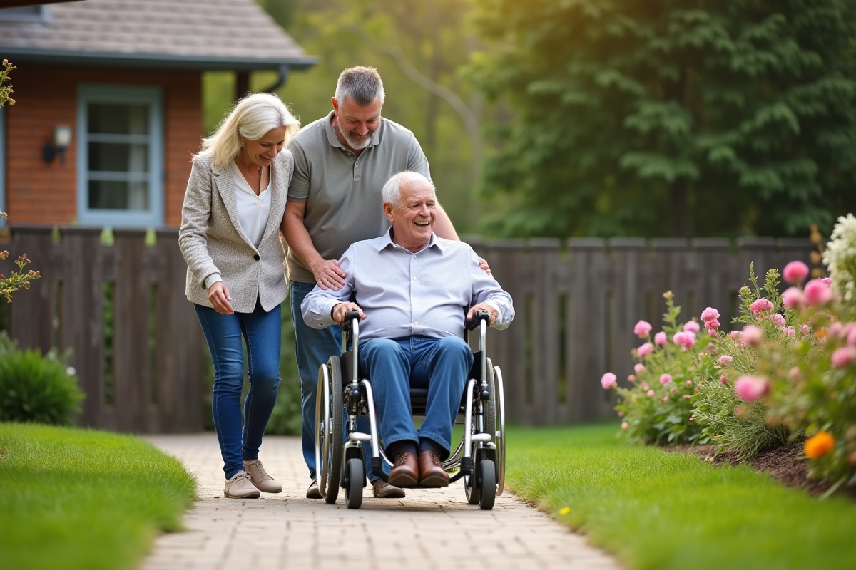 Couple aidant un homme en fauteuil dans le jardin