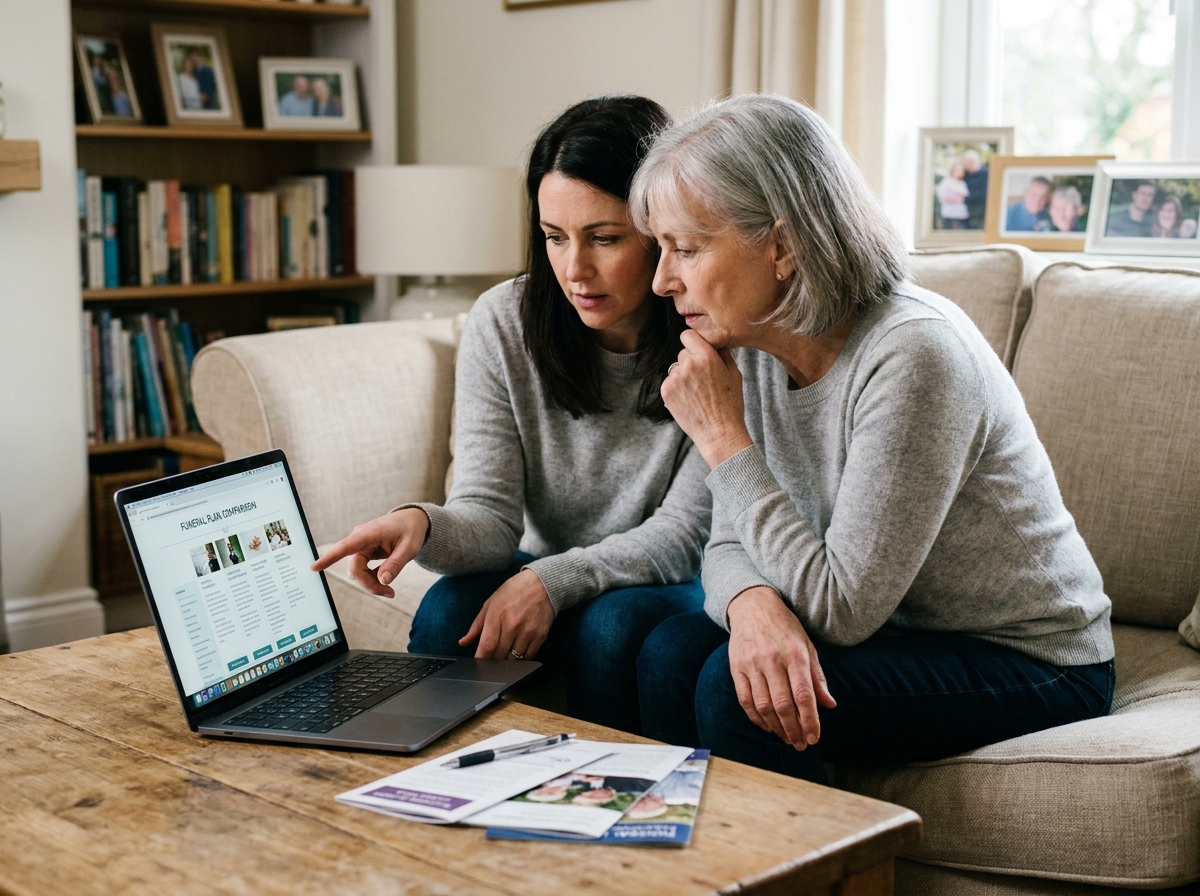 Mère et fille comparant ensemble des formules de contrats obsèques sur un ordinateur portable dans un salon familial