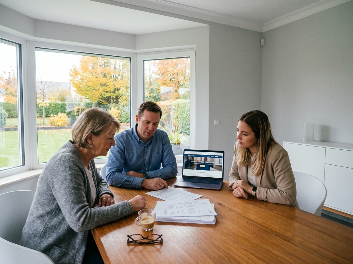Famille luxembourgeoise discutant des démarches de succession autour d'une table avec des documents officiels