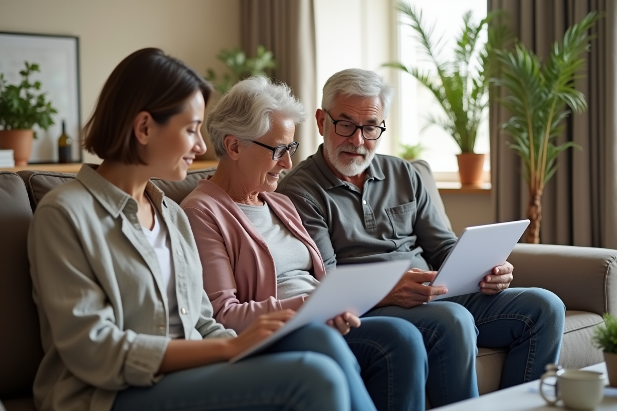 Famille discutant santé avec tablette dans le salon
