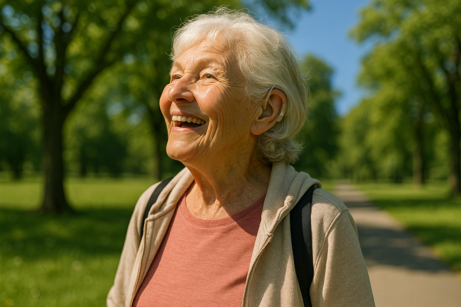 Femme âgée heureuse écoutant les oiseaux dans un parc ensoleille