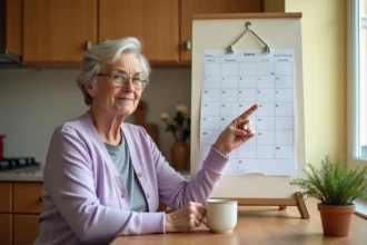 Femme âgée pointant un grand calendrier imprimé avec des cases de dates bien visibles, assise à une table de cuisine en bois