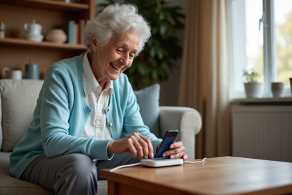 Femme agee souriante charge son mobile dans un salon