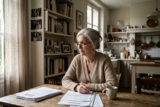 Femme âgée qui consulte un contrat d'assurance obsèques à la maison