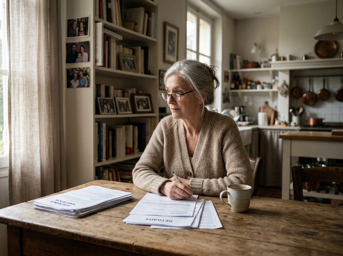 Femme âgée qui consulte un contrat d'assurance obsèques à la maison
