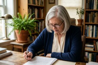 Une femme âgée examine attentivement des documents juridiques relatifs à un legs à une association caritative, assise dans un bureau à domicile chaleureux