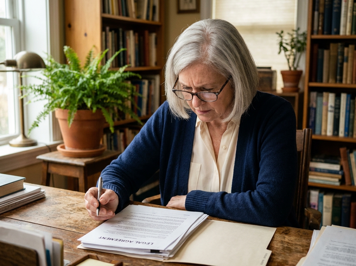 Une femme âgée examine attentivement des documents juridiques relatifs à un legs à une association caritative, assise dans un bureau à domicile chaleureux