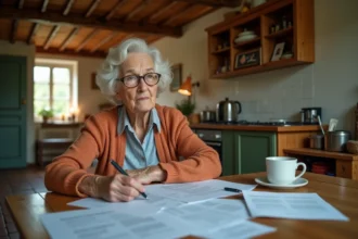 Femme âgée consultant des documents administratifs liés à la succession et à l'APA dans une maison familiale