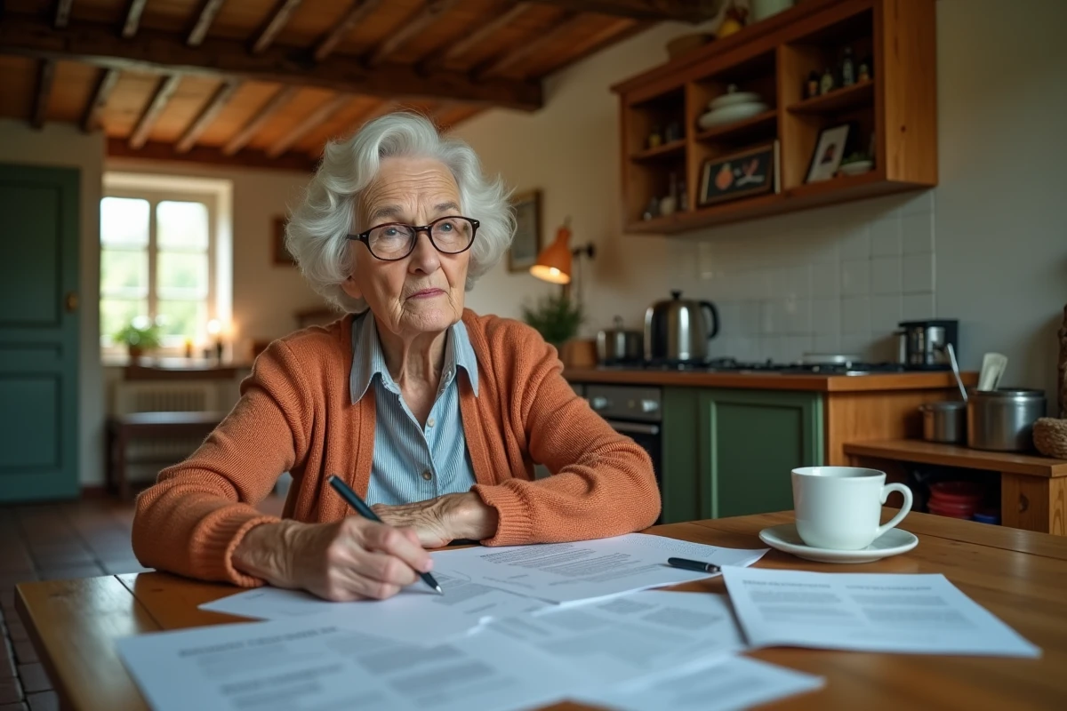 Femme âgée consultant des documents administratifs liés à la succession et à l'APA dans une maison familiale